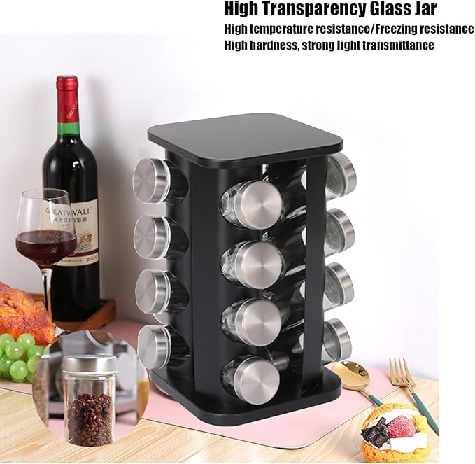 Spice rack-Revolving Spice Rack Set, Kitchen Spice Tower Organizer for Countertop or Cabinet -Desktop Rotating Seasoning Organizer(Stainless Steel) (Black, SquareHead_20Jars)