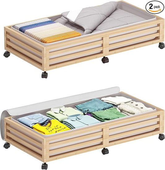 Bamboo Under Bed Storage Containers- Underbed Organizer with Wheels with Large Dust Bag,Sturdy Wood Rolling Under the Bed Shoe Storage Organizer Drawer 2 Packs (Nature, Long)-NeatNest