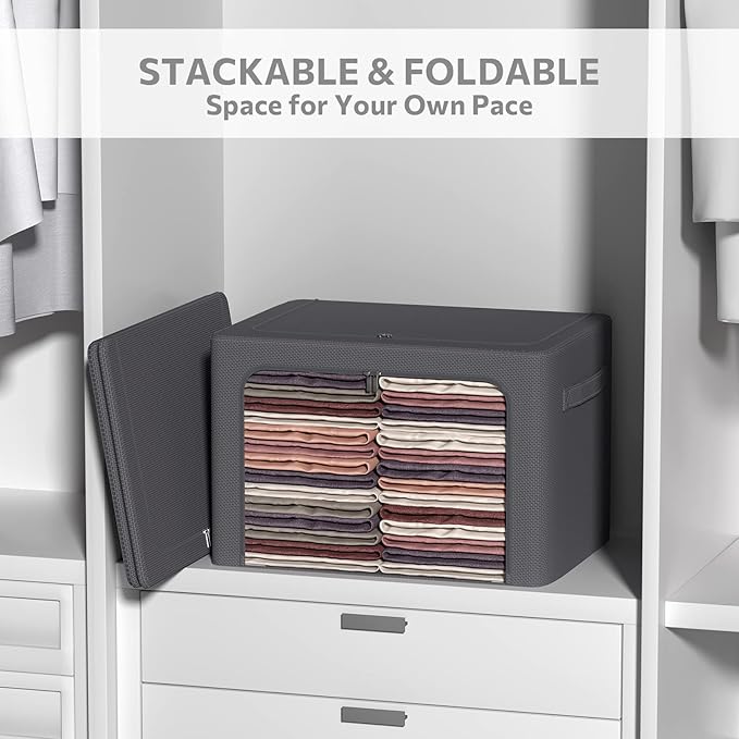 3Pack Stackable Clothes Storage Bins - Oxford Frame Storage Box Foldable Clothing Storage Container Organizer Set with Clear Window & Carry Handles Large Capacity (Dark Gray, Large-66L)-NeatNest