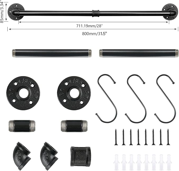 Industrial Pipe Towel Rack Towel Bar, Heavy Duty Wall Mounted Rustic Farmhouse Bath Towel Holder for Bathroom (Black, 31.5 inch)