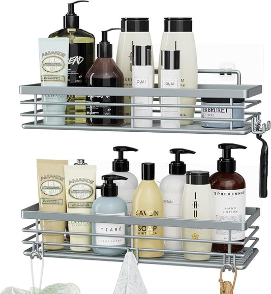 Orimade Shower Caddy with 5 Hooks for Hanging Razor and Sponge Adhesive Shower Shelf Basket Bathroom Storage Organizer Kitchen Rack No Drilling Stainless Steel Rustproof - 2 Pack, Light Blue Grey
