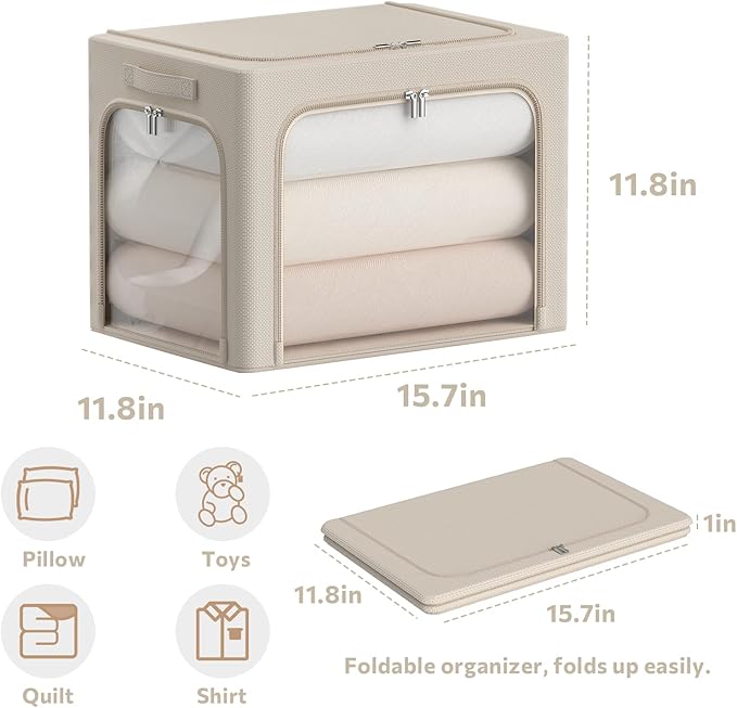 3Pack Clothes Storage Bins - Oxford Frame Storage Box Foldable Stackable Storage Organizer with 3 Openings Design, Metal Frame, Clear Window, Carry Handles (36L-15.7 * 11.8 * 11.8in, Beige)-NeatNest