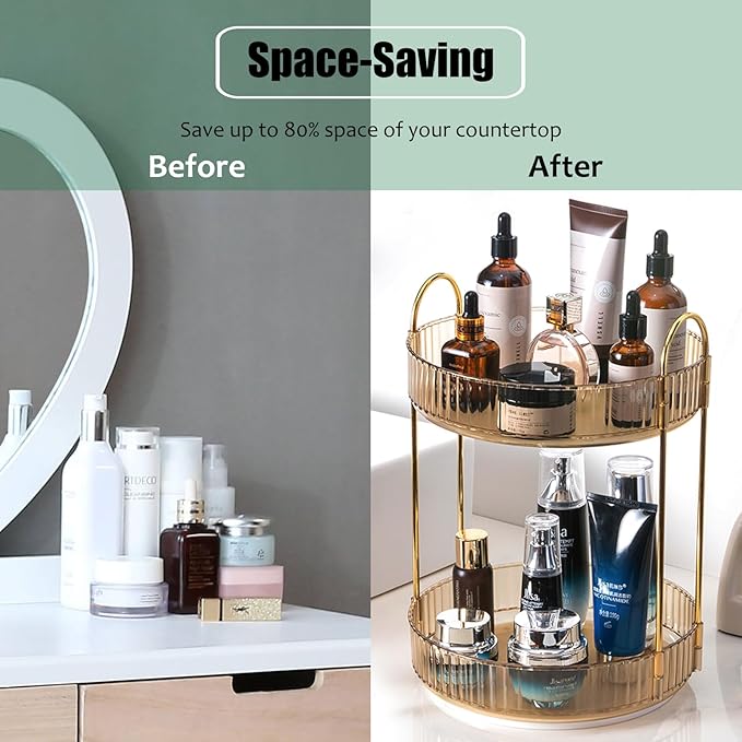 Rotating Makeup Organizer Countertop 2 Tier Lazy Susan Trays Clear Skincare Perfume Storage for Bathroom Counter Vanity, Amber Gold-NeatNest