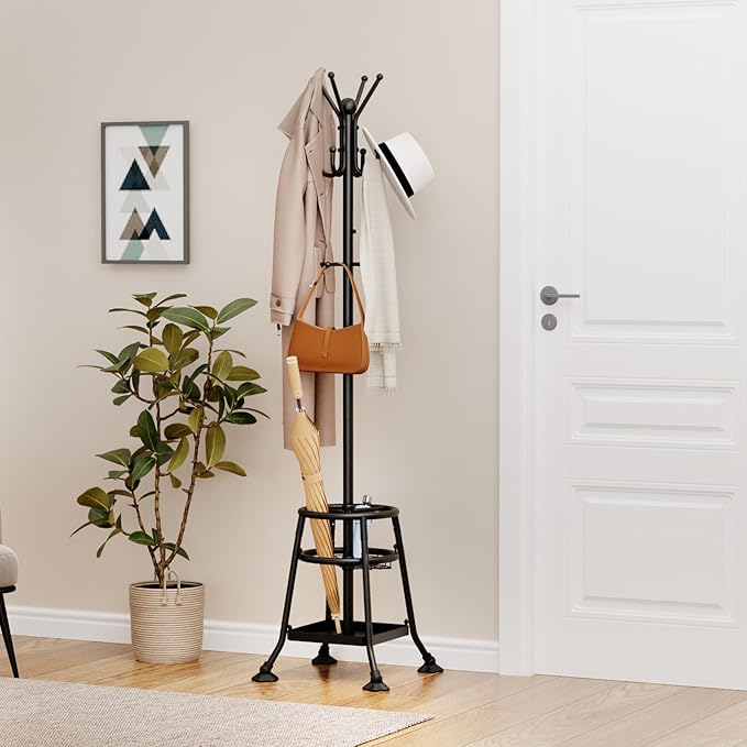 Heavy Duty Freestanding Coat Rack with 12 Hooks & Umbrella Holder - White Metal Clothes Hat Sturdy Standing Hall Tree for Entryway, Living Room, Bedroom, Office Organization (Black)-NeatNest