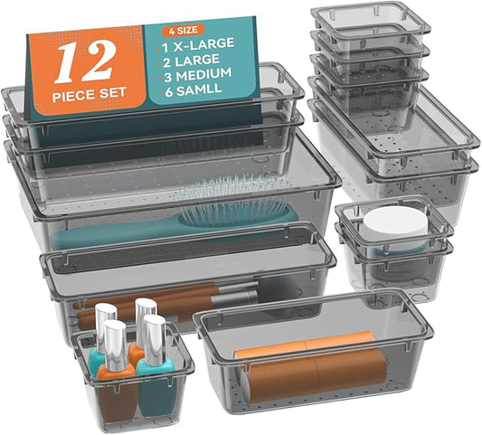 12-Piece Drawer Organizer Set, 4 Sizes Versatile Plastic Vanity Organizer for Makeup, Stationery, Gadgets, in Kitchen, Bathroom, Office, and Bedroom, Black-NeatNest