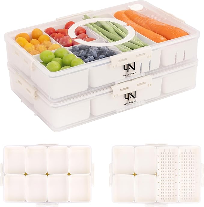 Stackable Snackle Box Container with 2 Lids - BPA-Free Snackle box Organizer, Dishwasher & Microwave Safe Reusable Snacklebox for Veggies, Fruits, Charcuterie, Snacks (White, 2 Pack)