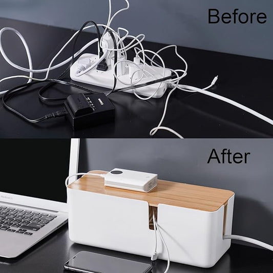 Changsuo Small Cable Management Box with Bamboo Lid for Extension Cord Power Stripe Surge Protector Wire Concealer Organizer Cover Hider (White)-NeatNest