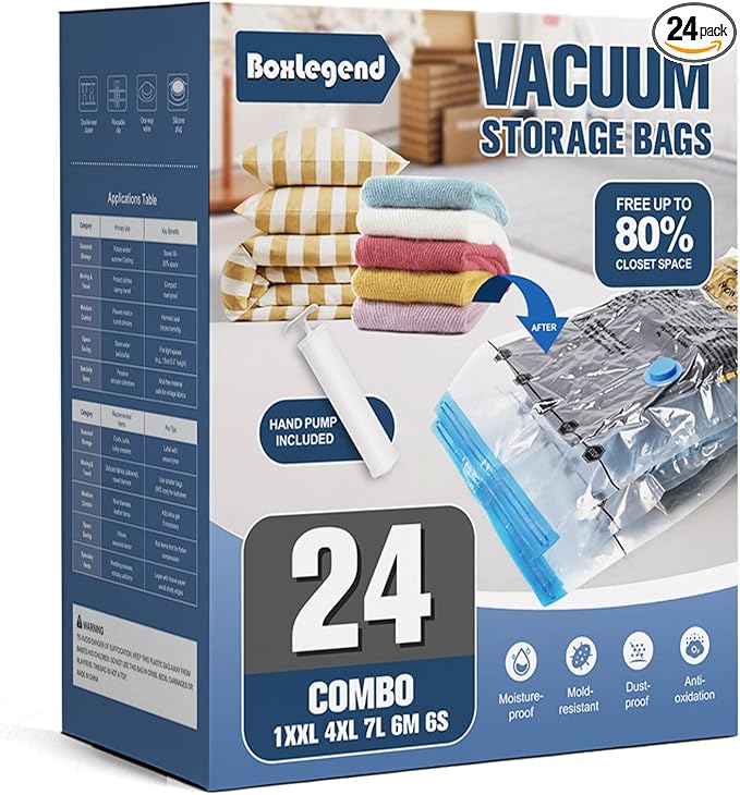BoxLegend Vacuum Storage Bags with Large Hand Pump 24 Combo (1X-Jumbo, 4 Jumbo, 7 Large, 6 Medium, 6 Small) Thickened Vacuum Seal Bags for Clothing Blanket Pillow Comforters Bedding Quilt Coat-NeatNest