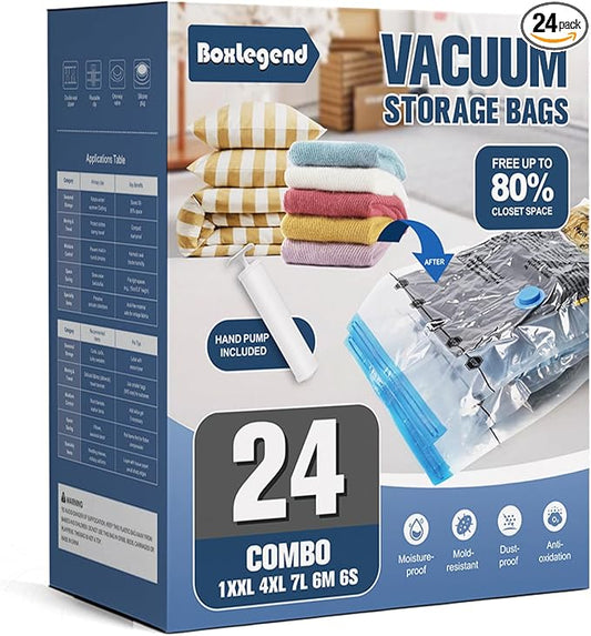 BoxLegend Vacuum Storage Bags with Large Hand Pump 24 Combo (1X-Jumbo, 4 Jumbo, 7 Large, 6 Medium, 6 Small) Thickened Vacuum Seal Bags for Clothing Blanket Pillow Comforters Bedding Quilt Coat-NeatNest