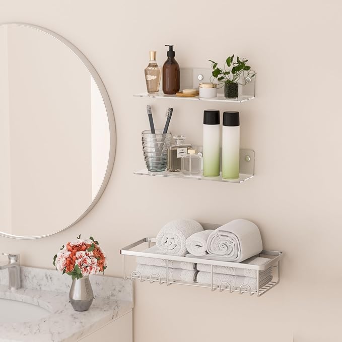12 Inches Clear Wall Shelves, Moisture-Proof, Acrylic Bathroom Wall Shelves, Clear Floating Shelves for Bathroom, Bedroom, Living Room, Retail, 2 Pack-NeatNest