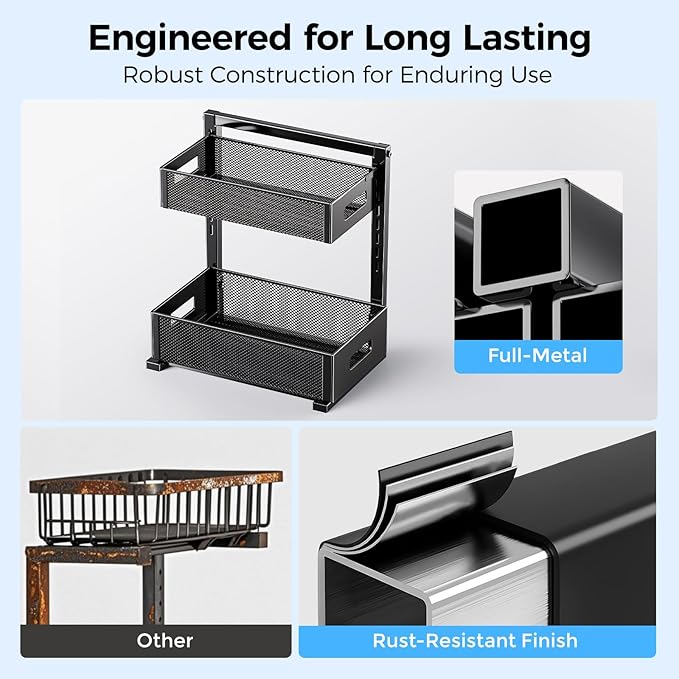 2 Pack Under Sink Organizer, Adjustable Height Under Sink Organizers and Storage, Smooth & Silent Sliding Out Metal Drawer for Kitchen Bathroom Pantry Cabinet Closet (Black)-NeatNest