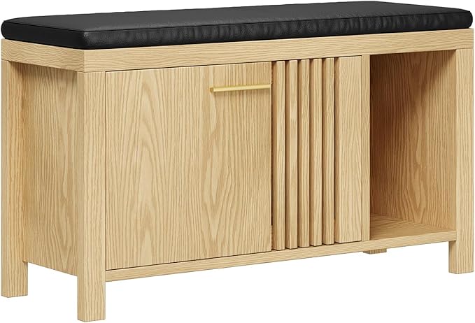 40" Shoe Storage Bench with Flip Drawers & Padded Seat Cushion, Adjustable Shelf, Slatted Doors Entryway Bench Shoe Cabinet with Bench for Entryway Living Room Bedroom, Natural