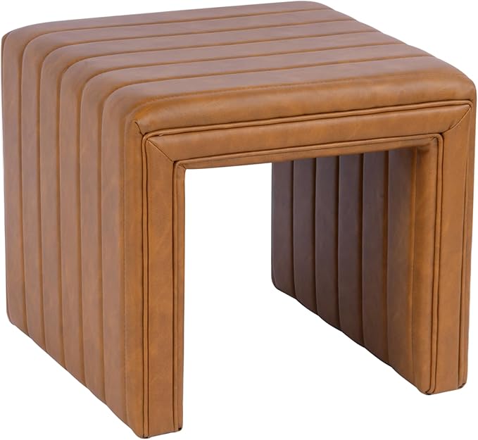 HomePop Modern Channel Tufted Faux Leather Ottoman Home Décor|Ottoman for Living Room & Bedroom - Carmel Brown