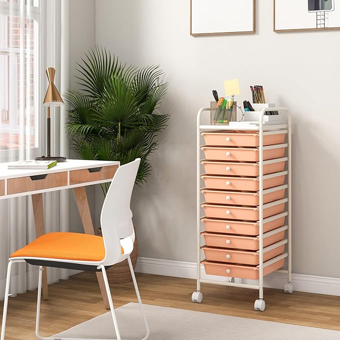 COSTWAY 10-Drawer Rolling Storage Cart, Utility Mobile Trolley with Removable Drawers & Universal Casters & 2 Brakes, Versatile Flexible Drawer Organizer Cart for Home, Office, Peach-NeatNest