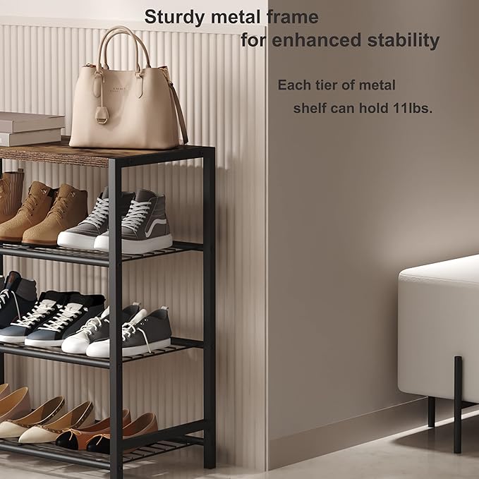HOMEFORT 4-Tier Shoe Rack Organizer, Shoe Tower for Closet, Shoe Storage Shelf with MDF Top Board, Each Tier Fits 3 Pairs of Shoes, Entryway Shoes Organizer with Sturdy Metal Shelves, Rustic Brown-NeatNest