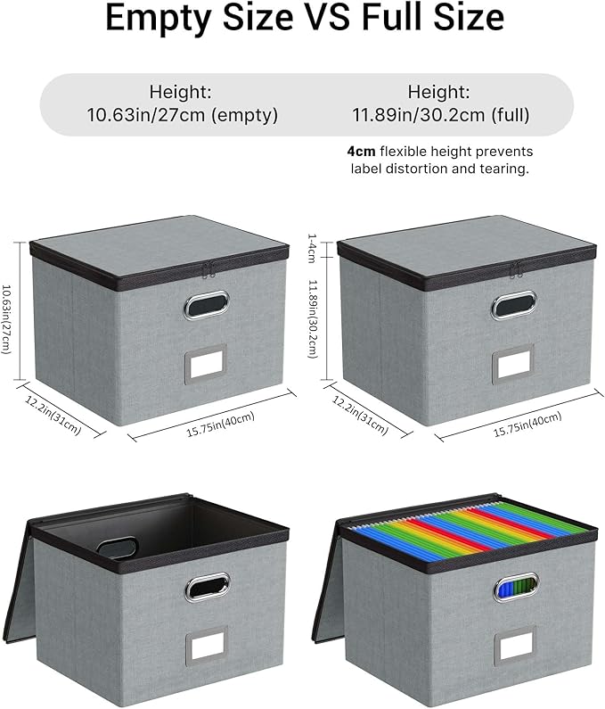 Oterri 2 Pack Large File Organizer Boxes with Lids, File Box with Mesh Pockets, Document Organizer Box for Letter/Legal Size Folders, Zippers Important Document Organizer (Grey, Without Folders)