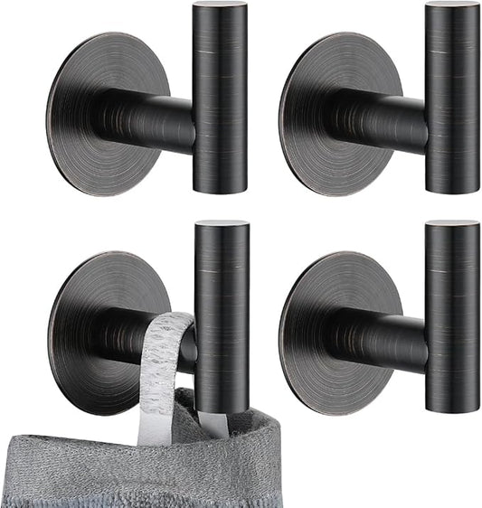 JQK Self Adhesive Towel Hook Bronze, No Drill Stick on Coat Robe Clothes Wall Hook for Bathroom Kitchen Garage 4 Pack, 304 Stainless Steel Oil Rubbed Bronze, ATH110-ORB-P4