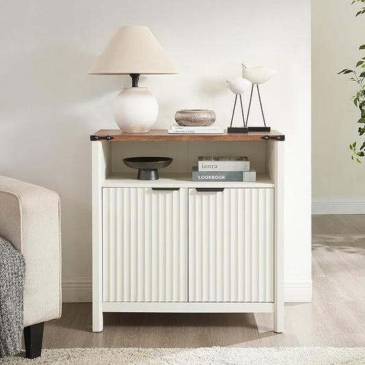 32 Inch Fluted Sideboard Buffet Cabinet with Storage, Modern Farmhouse Accent Credenza with Adjustable Shelves, Coffee Wine Bar Organizer for Kitchen, Entryway, Living Room (Antique White)