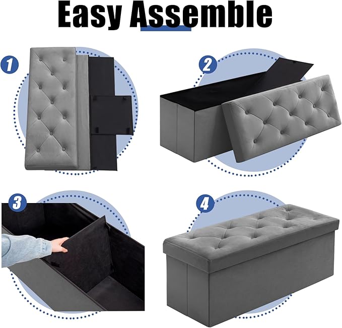 BRIAN & DANY 43 Inches Folding Storage Ottoman Bench, Velvet Ottoman with Storage for Living Room, Long Shoes Bench,Flannelette Footrest Benches Seat (Grey)-NeatNest