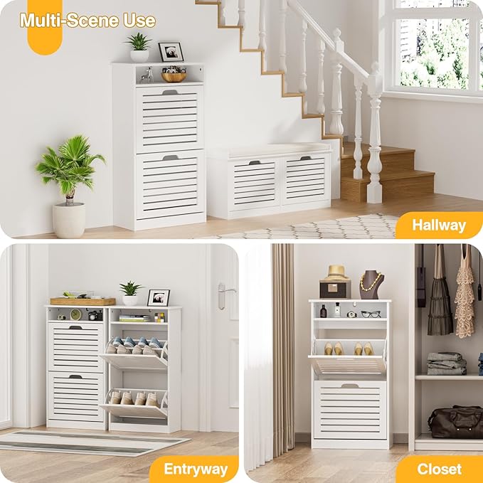 Shoe Storage Cabinet with 2 Flip Drawers & Top Cubby, Shoe Cabinet for Entryway Slim, Free Standing Shoe Rack Cabinet, Narrow Shoe Organizer for Entryway, Hallway, White-NeatNest
