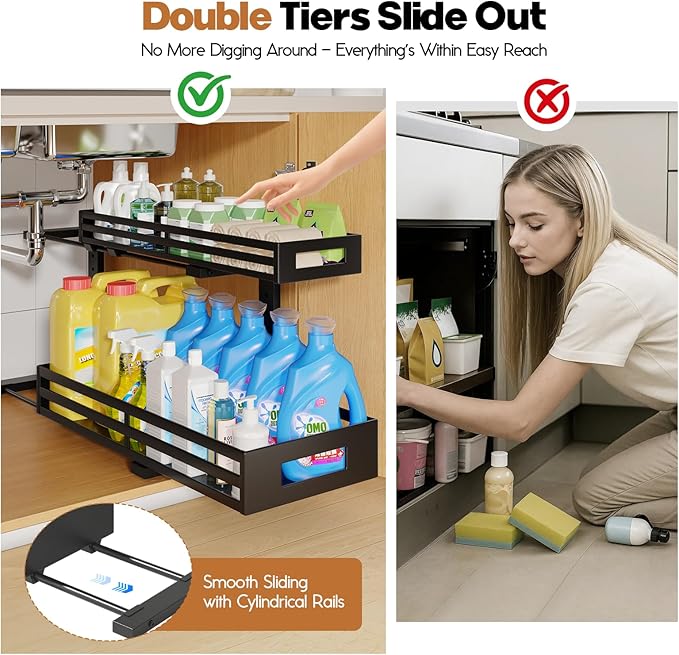2-Pack 20.47"Deep Under Sink Organizer And Storage,2-Tier L-Shaped Pull Out Cabinet Organizer with Upgraded Slide Rails,Height Adjustable Drawers for Kitchen&Bathroom,Extra-Large Storage Shelves–Black-NeatNest