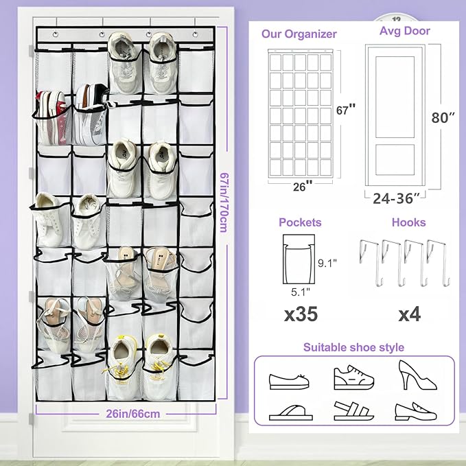 35 Large Pocket Over the Door Shoe Organizer, Extra Sturdy Oxford Fabric Hanging Shoe Rack for Door Closet, Wall Mesh Shoe Storage Holder for Mens Women Shoes (White)-NeatNest