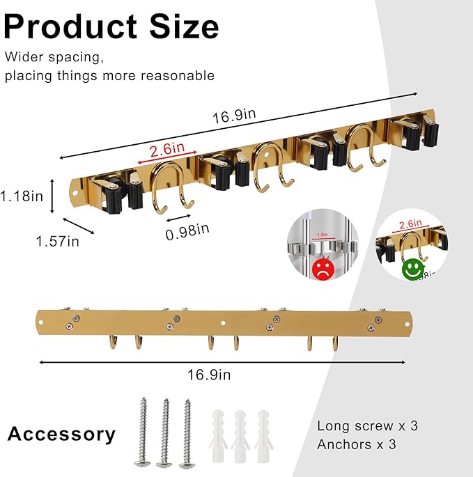 Mop Broom Holder Wall Mount, Gold Stainless Steel Tool Storage Organizer for Kitchen Garden Garage Laundry Room Bathroom and RV with 4 Slots 6 Hooks-NeatNest