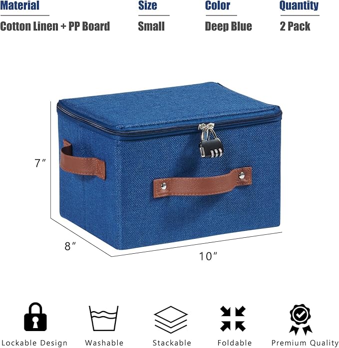 2PCS Storage Bins Box with Zipper Lid Combination Lock PU Leather Handles Cotton Linen Fabric Lidded Lockable Basket Foldable Washable Closet Shelf Organizer Container (Deep Blue, Small)
