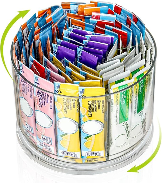 AIEVE Drink Packet Organizer, 360° Rotating Lazy Susan Turntable Powdered Drink Mix Holder, Acrylic Water Packet Container for Pantry Organizer Kitchen Storage Organization (Round)