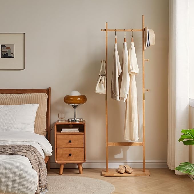 Coat Rack Freestanding, Coat Tree with 2 Main Rods and Stable Design, Clothes Racks for Hanging Coats Clothes Suits Jacket, Easy to Assemble and Very Sturdy, Natural Wood Color USYD-202-NeatNest