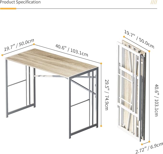Folding Desk 40 inch Writing Gaming Computer Camping Table, No Assembly Required Home Office Desk, Beige-NeatNest