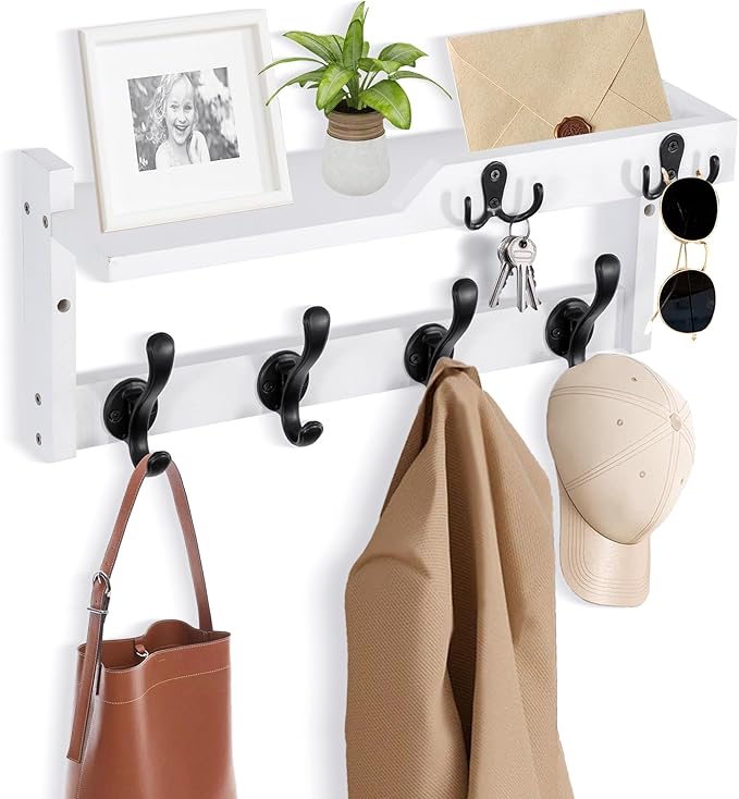 Coat Rack Wall Mount with Shelf, Coat Hanger Wall Mount with Key Hooks and Mail Holder, Wood Entryway Floating Shelf with Hooks and Storage, Hat Rack for Wall Key Holder Mail Organizer-NeatNest