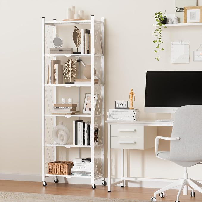 ALANNG 73.6 Inch Folding Bookshelf, 6 Tier Metal Bookcase and Bookshelves, Tall Shelves for Living Room Office Bedroom, Heavy Duty Book Shelve Free Standing Open (White, 1PACK)