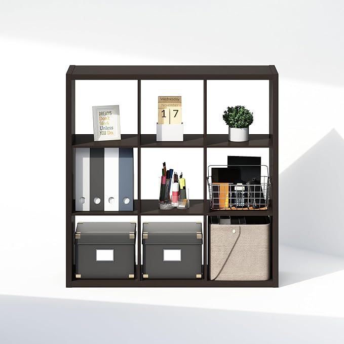Furinno Cubic Open Back Multipurpose Clothing & Closet Storage Organizer Shelf, 9-Cube, Black Dark Oak