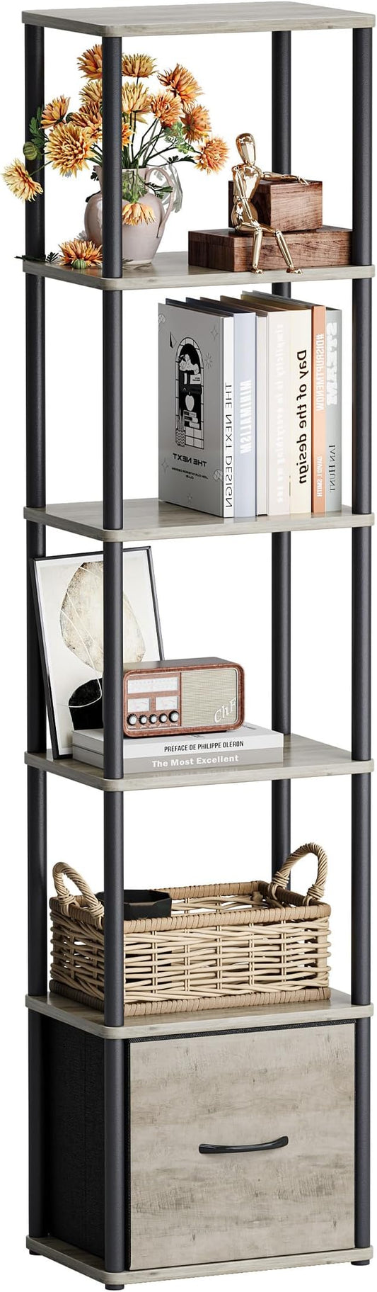 6-Tier Bookshelf with Drawer, Narrow Bookshelves Organizer, Floor Standing Ladder Shelf,Tall Bookcase for Small Space, Book shelf with Storage for Living Room, Bedroom, Office, Study Light Oak HBC505Z