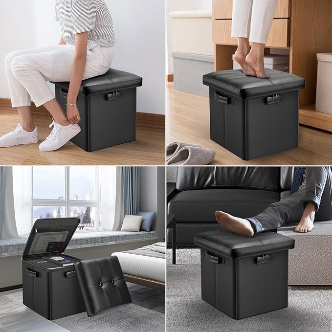 DocSafe Storage Ottoman with Lock,Fireproof Folding Ottoman Foot Rest Stool Storage Chest with Storage Safe for Important Documents,Waterproof 13 Inches Short Ottoman Foot Stool with Handles,Black-NeatNest
