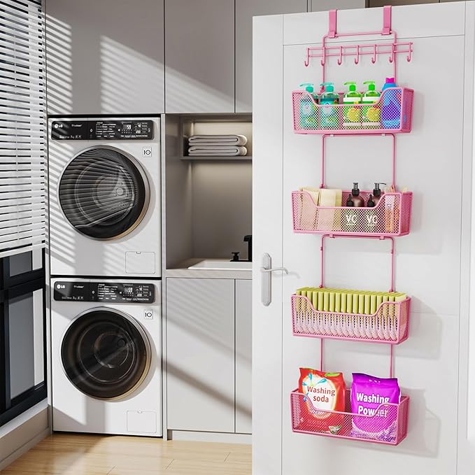 HapiRm Over Door Organizer Storage - Hanging Door Organizer with 4 Metal Large Capacity Baskets and Adjustable Coat Hook for Bathroom Bedroom Kitchen Pantry Closet Cabinet-NeatNest