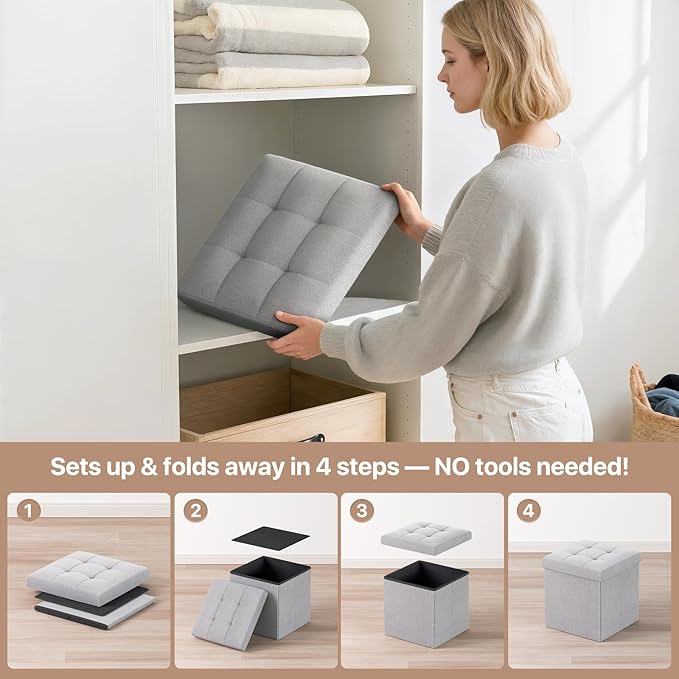 Ottoman Folding Storage Bench, 15x15x15 Inch, Foot Rest Stool for Living Room, Bedroom, Entryway, End of Bed - Multi-Functional Ottoman with Storage Light Gray