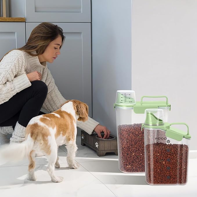 8-12 LBS Cat Dog Pet Food Storage Container, Plastic Dispenser Upgraded Large Nozzle, BPA-free, With Sealed Clasps, Measuring Cup and Handle, Easy to Clean and Carry -2 Packs Leaf Green-NeatNest