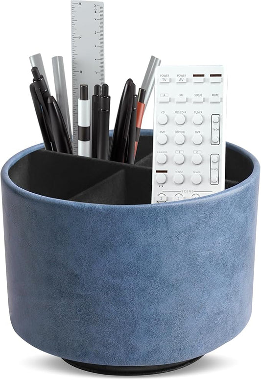 Hennaja Round Leather Art Supply Organizer,Remote Control Holder,360 Degree Spinning,Multi-Functional Pencil Holder,4 Compartments Desktop Stationary Organizer(1-Oil Blue)-NeatNest