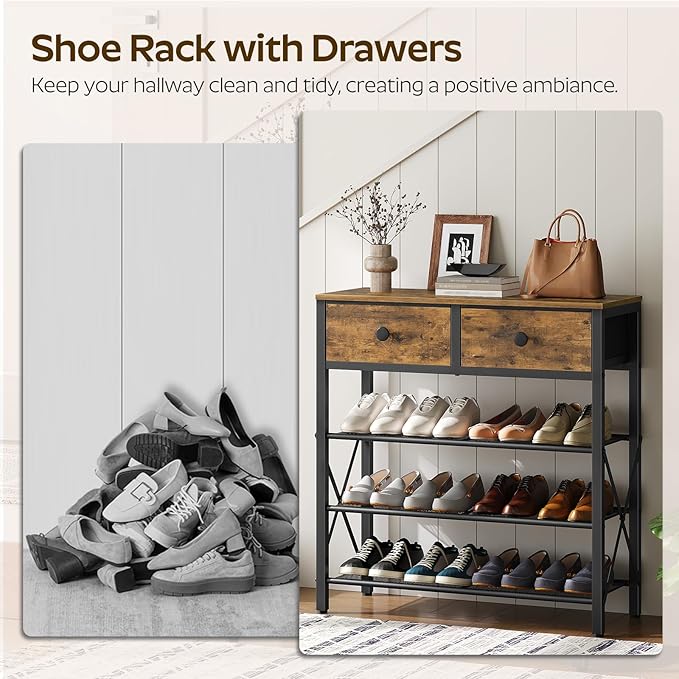 4 Tier Shoe Rack, Large Capacity Shoe Storage Organizer, Metal Shoe Shelf with Drawer and Wooden Top, for 16 Pairs of Shoes, for Entryway, Closet, Rustic Brown and Black SS24BR-NeatNest