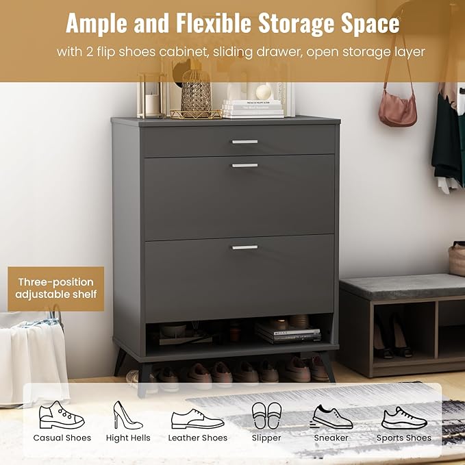AWQM Shoe Storage Cabinet for Entryway, Free Standing Shoe Organizer with 2 Flip Drawers,Hidden Shoe Rack Storage Organizer for Doorway Hallway (Grey)-NeatNest