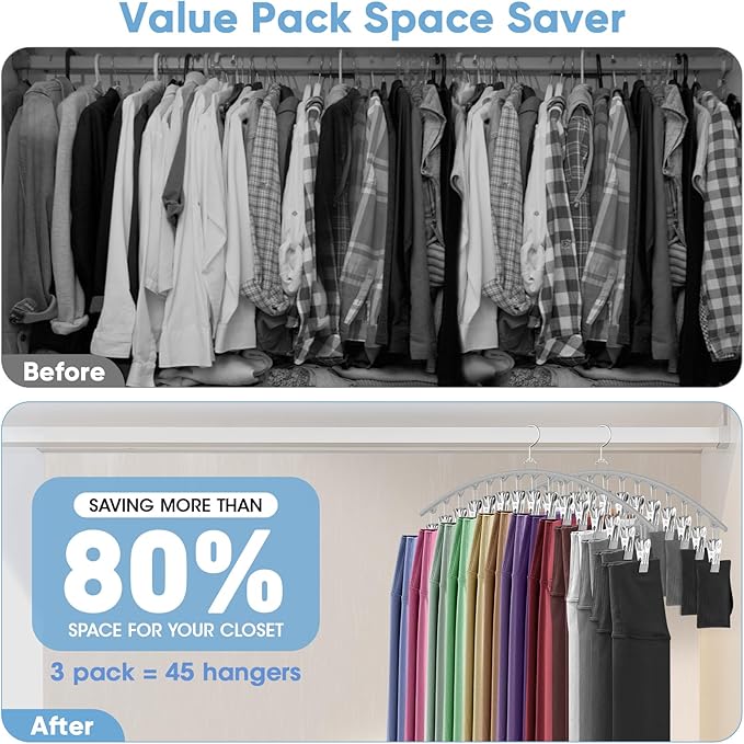 3 Pack Legging Organizer for Closet Hanging, Pants Hangers with 15 Clips Holds 45 Leggings, Shorts, Skirts, Jeans, Hats, Pants Hangers Space Saving Clothes Racks Closet Organizers and Storage, Grey-NeatNest