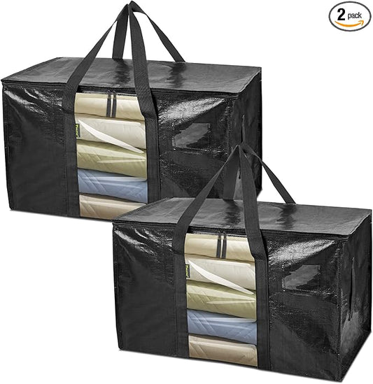 BALEINE 2-Pack Oversized Moving Bags with Reinforced Handles, Heavy-Duty Storage Tote Moving Supplies for Packaging, Camping (Black w/Window, 2-Pack)-NeatNest