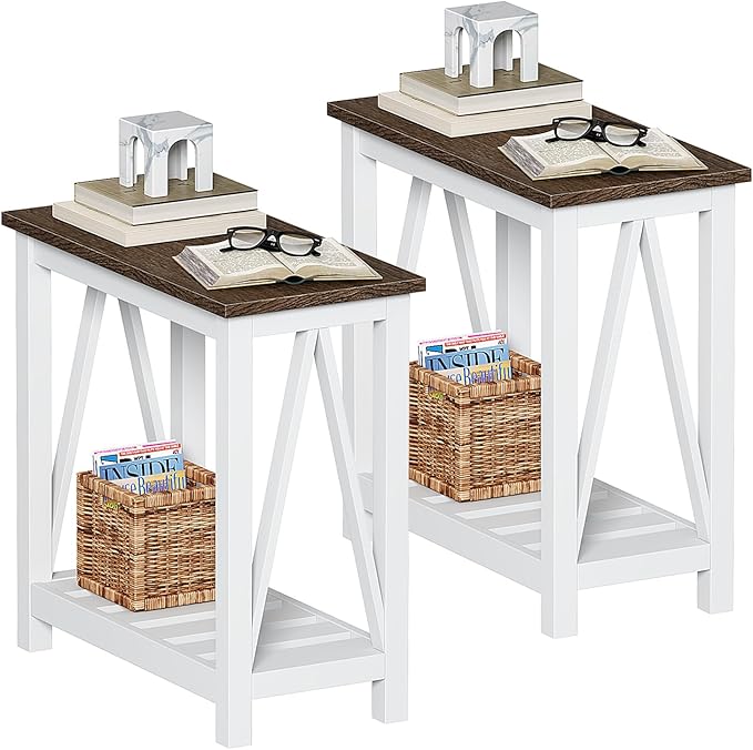 ChooChoo Farmhouse End Table Set of 2, Rustic Vintage Narrow End Side Table with Storage Shelf for Small Spaces, Nightstand Sofa Table for Living Room, Bedroom White-NeatNest