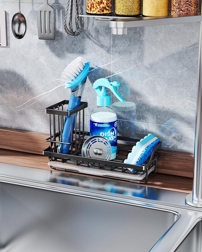 Consumest Sponge Holder for Kitchen Sink - Kitchen Sink Caddy Organizer with Removable Drip Tray for Countertop Dish Soap Dispenser Brush Storage Accessories 304 Stainless Steel - Black-NeatNest