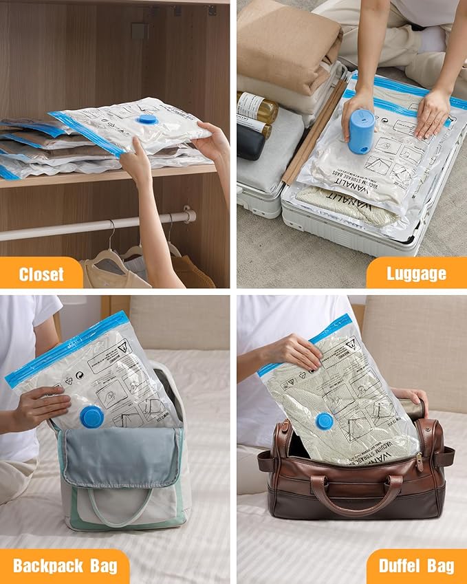 Vacuum Storage Bags for Travel, 12 Pack (4M+4S+4XS) Vacuum Seal Bags with Wireless Rechargeable Electric Pump, Travel Essentials Space Saving Bag for Clothes, Luggage, Carry-on Suitcase, Backpack-NeatNest