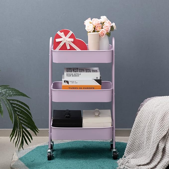 AGTEK Makeup Cart, Movable Rolling Organizer Cart, 3 Tier Metal Utility Cart with Lockable Wheels for Home & Office, Purple-NeatNest