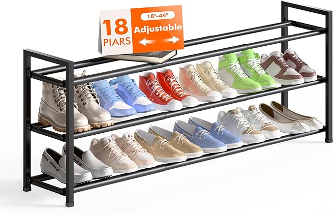 Bumusty 3-Tier Long Expandable Shoe Rack for Closet, 18"-44" Adjustable Shoe Rack for Entryway, 15-18 Pairs Large Shoe Organizer Shelf Storage, Sturdy Metal, Black-NeatNest