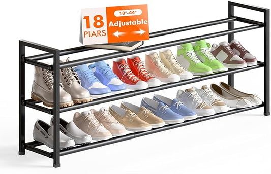 Bumusty 3-Tier Long Expandable Shoe Rack for Closet, 18"-44" Adjustable Shoe Rack for Entryway, 15-18 Pairs Large Shoe Organizer Shelf Storage, Sturdy Metal, Black-NeatNest